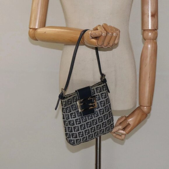 FENDI Zucchino Canvas Mamma Baguette Shoulder Bag Navy Silver Auth - Picture 1 of 16